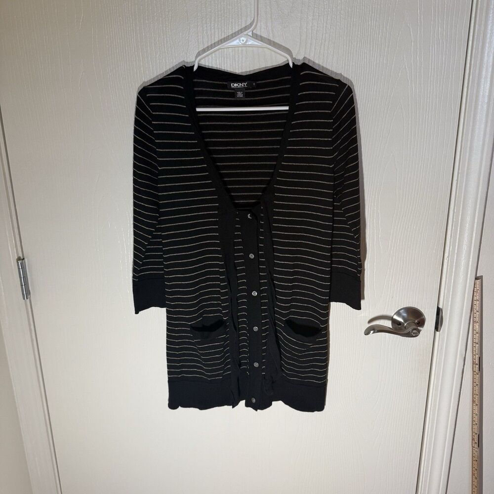 DKNY Women’s Button Up Striped Cardigan Lagenlook Y2K Pockets Merino Wool Small